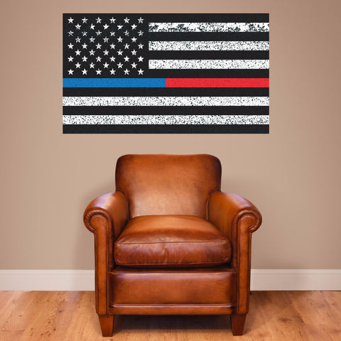 Thin Blue Line & Thin Red Line American Flag Distorted Wall Decal Sticker - 0457 - 28"h x 48"w